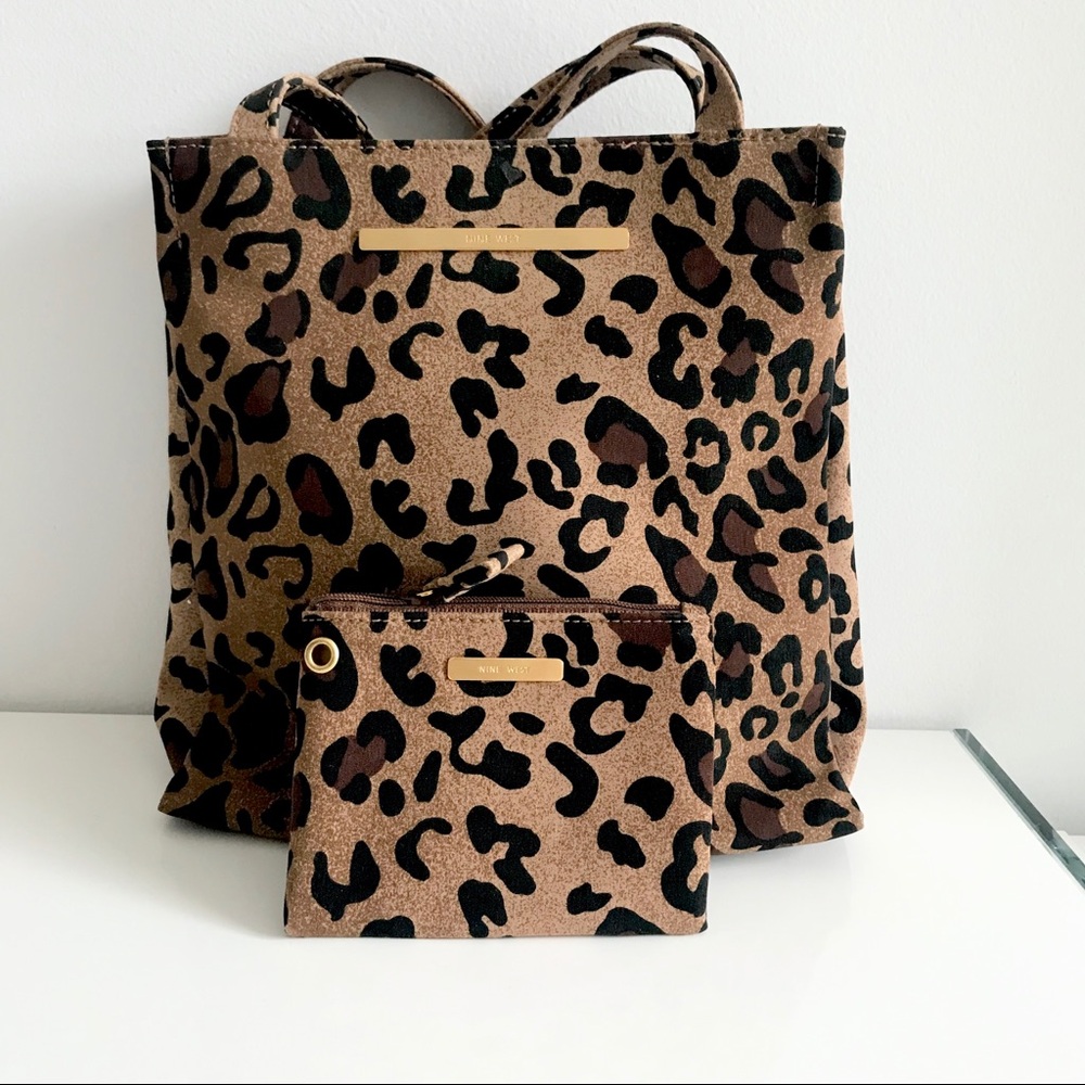 NWOT Nine West Brown Leopard Gold Accent Hobo Bag